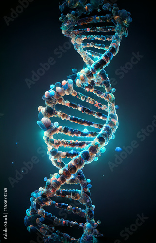 Abstract view of human genome and dna molecular chain in red and blue. 3d illustration of colored dna chain. Generative AI
