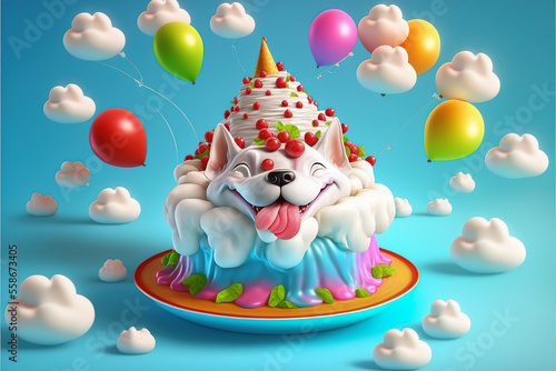 Birthday party cack with cute dog with blue background colors , use it as a background or greating generative ai