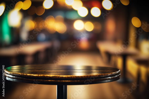 wooden table in a cafe, restaurant or bar, empty scene with bokeh lights background, copy space, Generative AI © Luizella