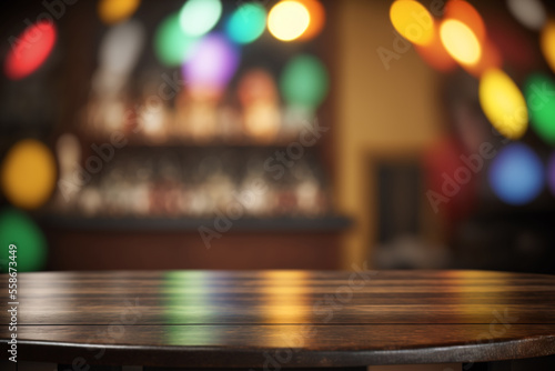 wooden table in a cafe, restaurant or bar, empty scene with bokeh lights background, copy space, Generative AI 