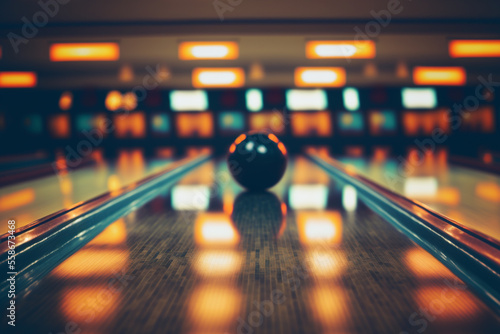 Wallpaper Mural bowling ball on a brightly lit alley made of highly polished wood, Generative AI Torontodigital.ca