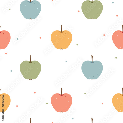 Fototapeta Naklejka Na Ścianę i Meble -  Fruity seamless vector pattern with colorful apples. Fun design. Cute hand drawn background for kids room decor, nursery art, packaging, apparel, card, gift, wrapping paper, textile, fabric, wallpaper