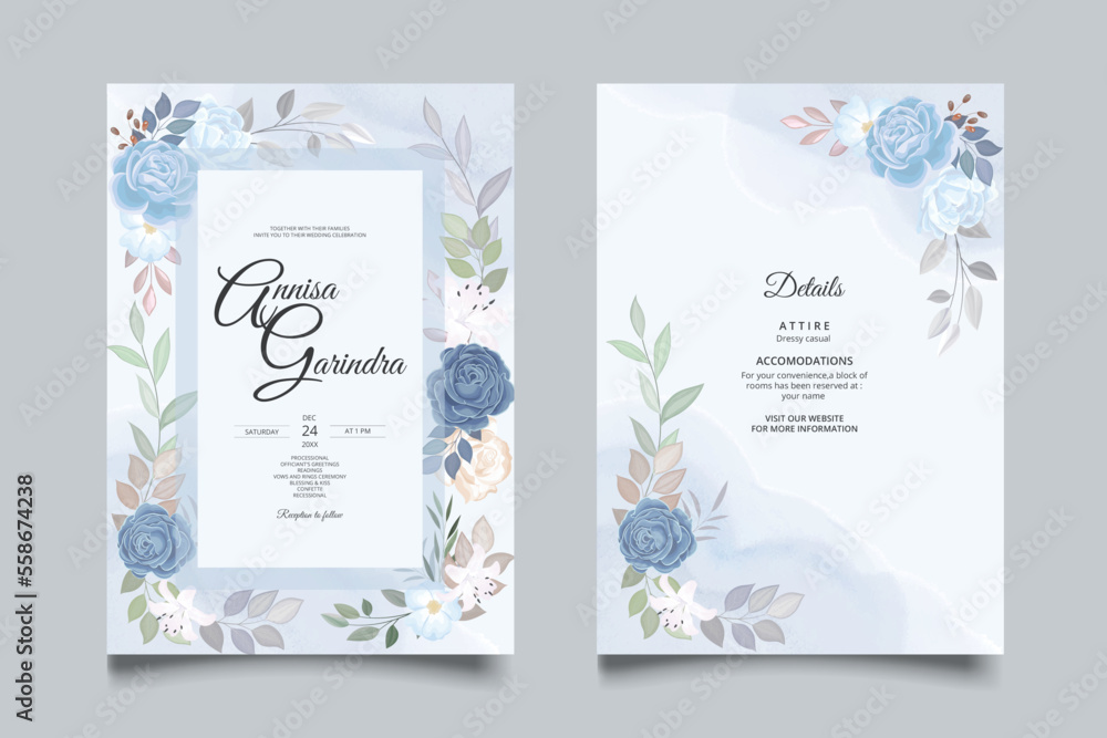  Navy Blue  Dusty Blue and Pink Wedding Invitation Template Set premium vector