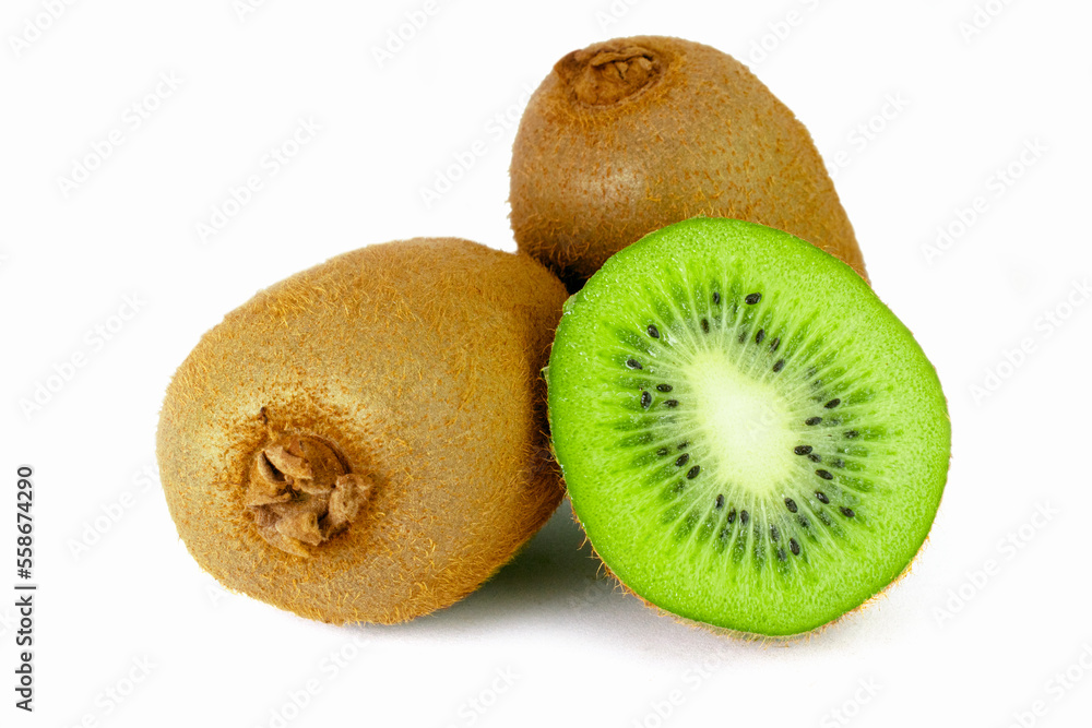 Ripe whole kiwi fruit and half kiwi fruit isolated on white background high quality details Ripe whole kiwi fruit and half kiwi fruit isolated on white background high quality details