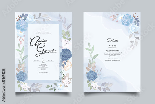 Navy Blue Dusty Blue and Pink Wedding Invitation Template Set premium vector