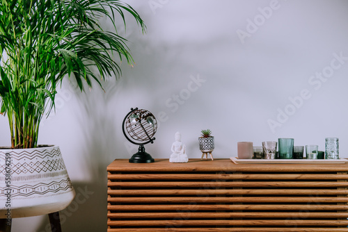 Scandinavian home interior with decorative accessories standing on a wooden cabinet. Minimalist design in interior of room with green plants and white wall with copy space. Biophilia style