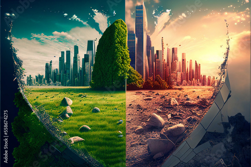 Two halves of the view of the earth as a green natural living and ecological and destroyed, built up with buildings and deserted. The concept of ecology and saving the planet Earth. Generative AI photo