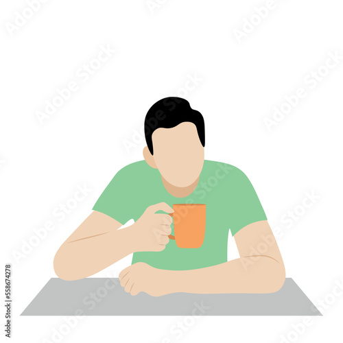 Portrait of a guy with a cup in his hands at the table, flat vector, isolated on white, faceless illustration, tea break