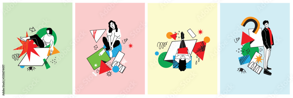 Hand drawn vector illustration of people in different poses and various geometric shapes. Outline characters, colorful abstract figures