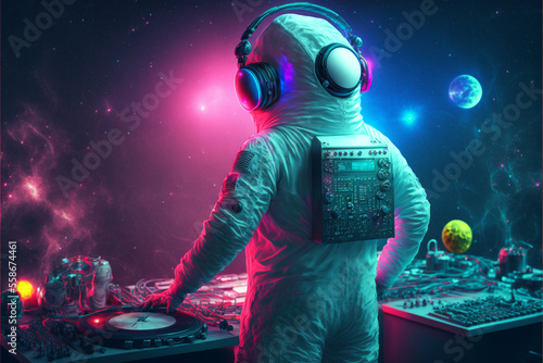 An astronaut in a DJ spacesuit in headphones stands behind the control panel portrait at a space party with a view of the planets, galaxy stars in neon style, cyberpunk. Generative AI