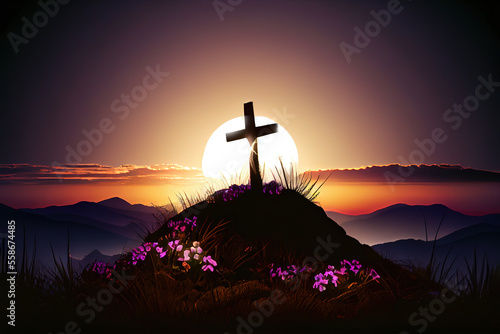 Tela Silhouette Jesus and the cross over sunset on mountain top Generative AI