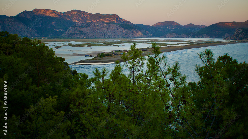 Fototapeta premium The meeting point of the Aegean and the Mediterranean; Dalyan. Iztuzu beach, the spawning area of the caretta caretta turtles. Dalyan Delta, famous for its reed lagoons in Mugla, Koycegiz region.