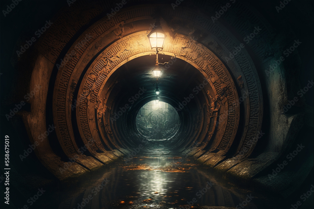 Generative AI illustration of underground sewer tunnel - obrazy, fototapety, plakaty 