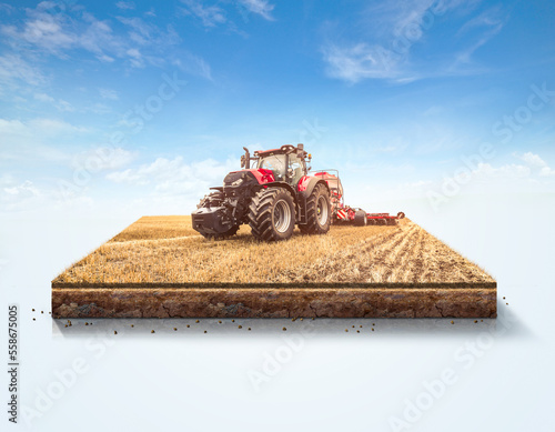Fototapeta Cross section farmland with tractor, isolated on beautiful farm landscape and clouds background