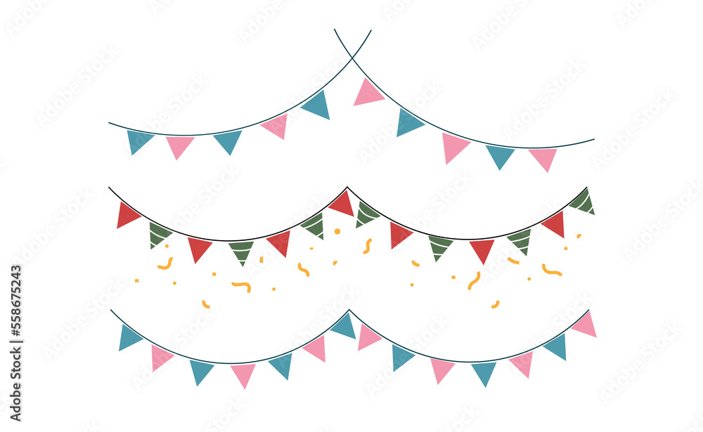 Hanging Flags isolated on white background. Decorative elements for Birthday party or new year holiday festival. Vector illustration