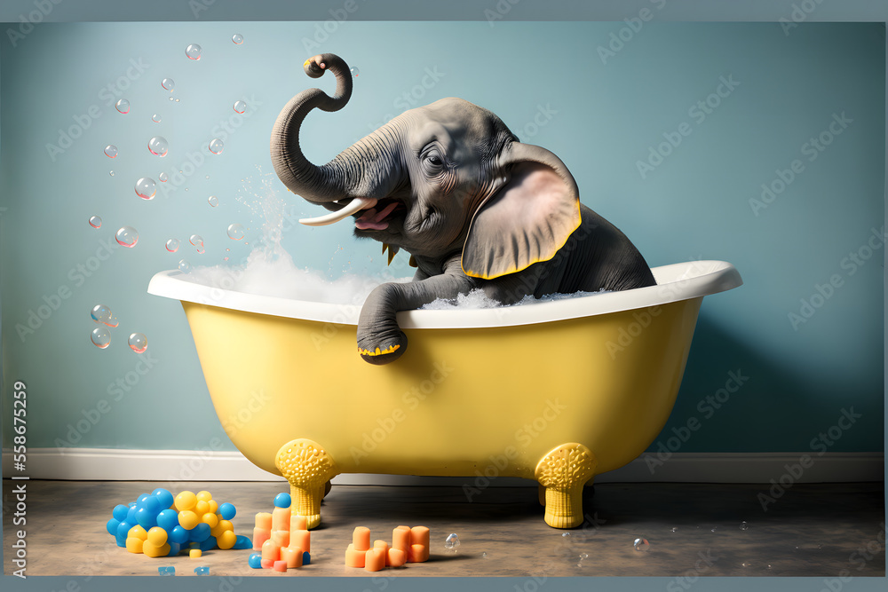 an joyful elephant taking a bubble bath in a vintage yellow bathtub