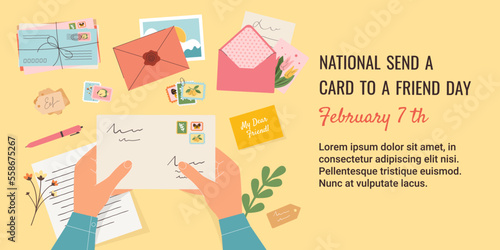National Send A Card To A Friend Day horizontal banner for social post. Hands holding a stamped envelope, a handwritten letter below them to send to a friend. Vector illustration in flat style