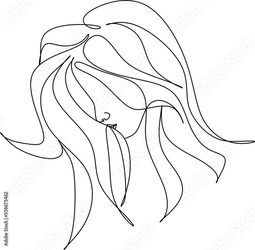 Beautiful woman face in continuous line art drawing style. Portrait of young woman with curly hair blowing in the wind. Minimalist black linear sketch isolated on white background. Vector illustration