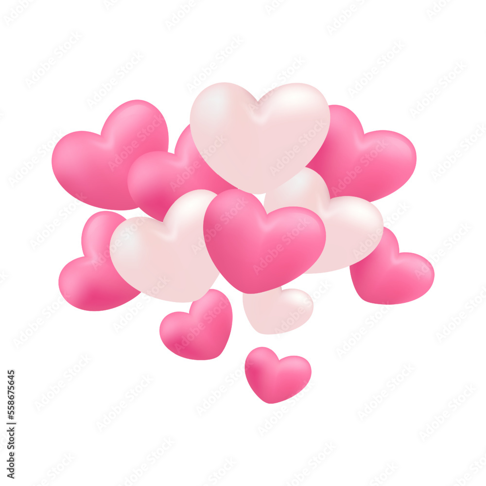 3d valentine's day heart balloon. Red or Pink heart balloons decoration for wedding love card or invitation background design. Vector illustration