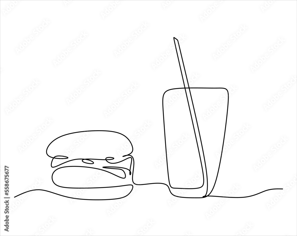 Burger soda and french fries takeout food in continuous line art