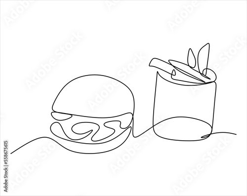 Burger, soda and french fries takeout food in continuous line art drawing style. Fast food minimalist black linear sketch isolated on white background. Vector illustration
