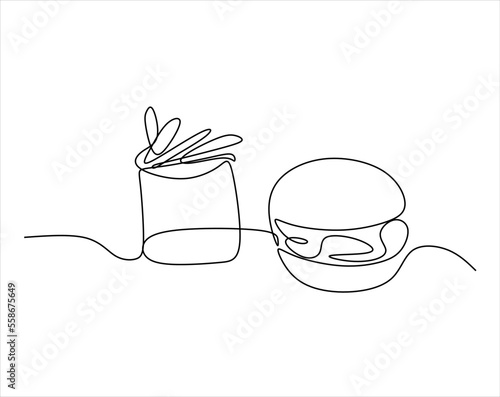 Burger, soda and french fries takeout food in continuous line art drawing style. Fast food minimalist black linear sketch isolated on white background. Vector illustration