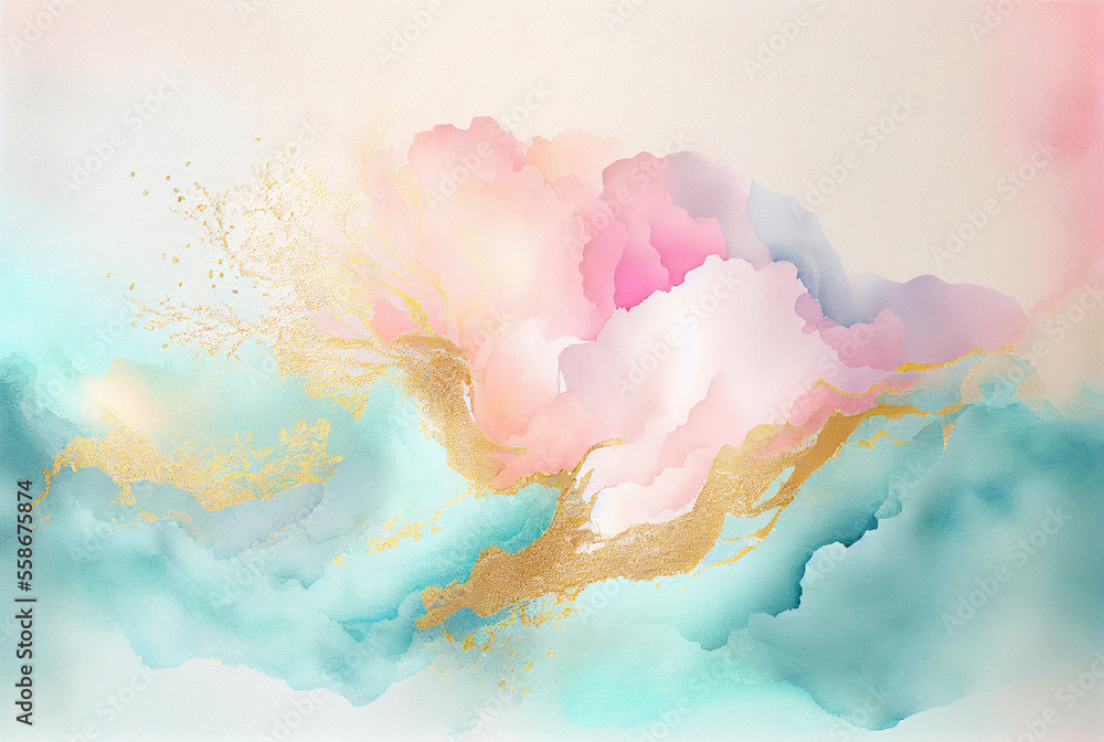 Abstract blue pink and metallic gold background, watercolor paint texture imitation created with Generative AI technology
