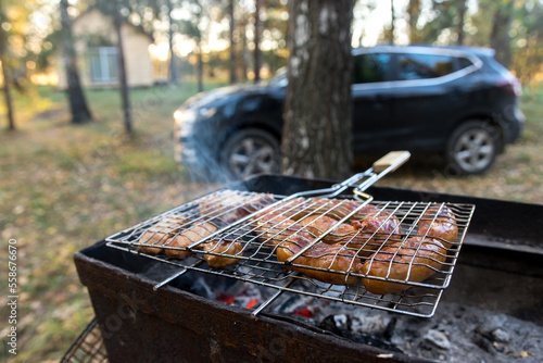 barbecue on the grill in nature against the background of the car and the house