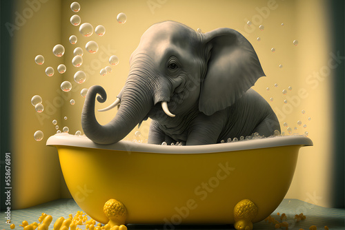 an joyful elephant taking a bubble bath in a vintage yellow bathtub, illustration digital generative ai design art style