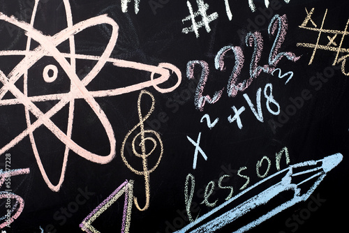 drawings with colored chalk on the slate wall - pencil, atoms