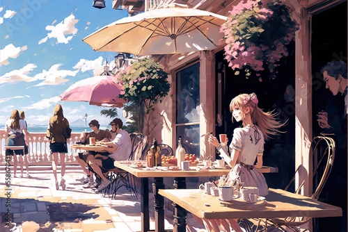 a painting of a woman sitting at a table outside a restaurant with a view of the ocean and people eating outside of the restaurant with umbrellas over looking at the water and people on the.