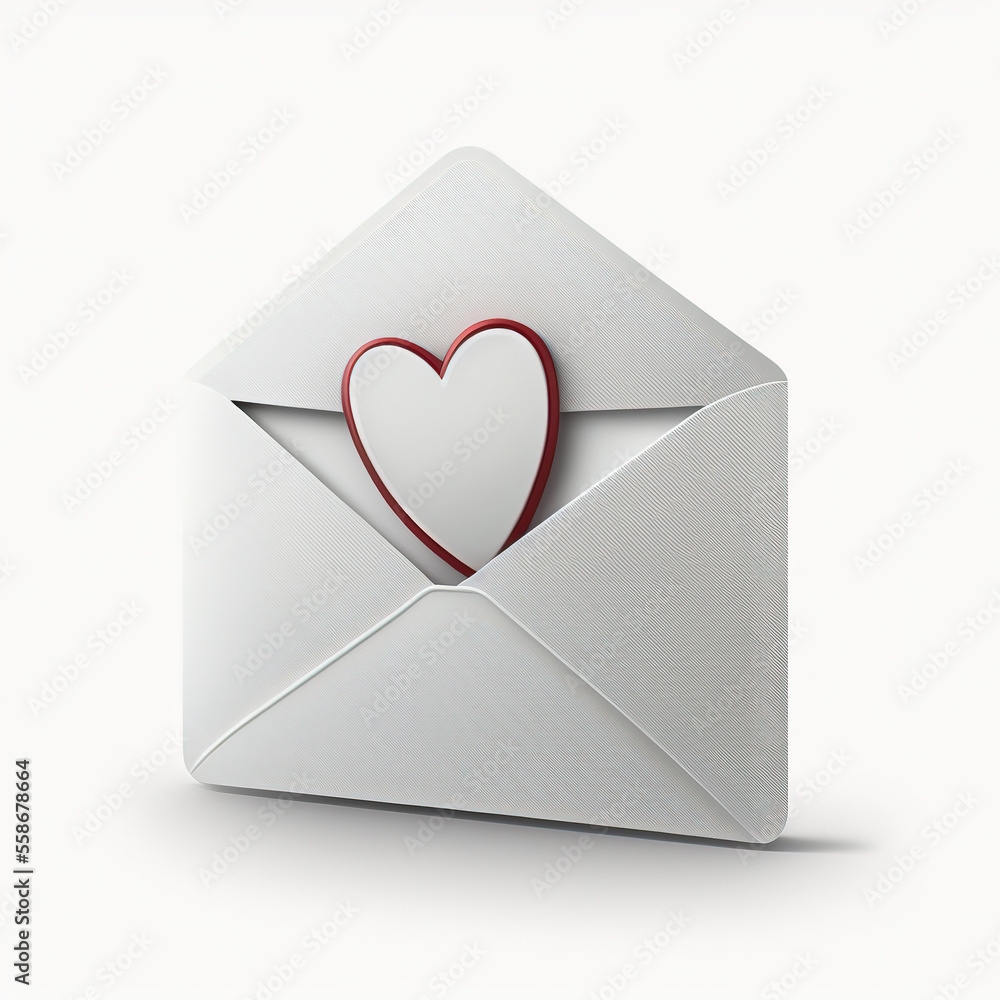 A heart icon in the letter envelope on white background, love letter icon symbol. Generative Ai image. A heart icon in the letter envelope on white background, love letter icon symbol. Generative Ai image.