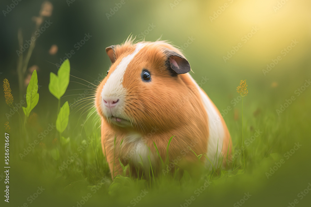 A cute brown guinea pig or cavy in the meadow field with morning sunlight environment. Animal portrait in beautiful nature. Generative Ai image. A cute brown guinea pig or cavy in the meadow field with morning sunlight environment. Animal portrait in beautiful nature. Generative Ai image.