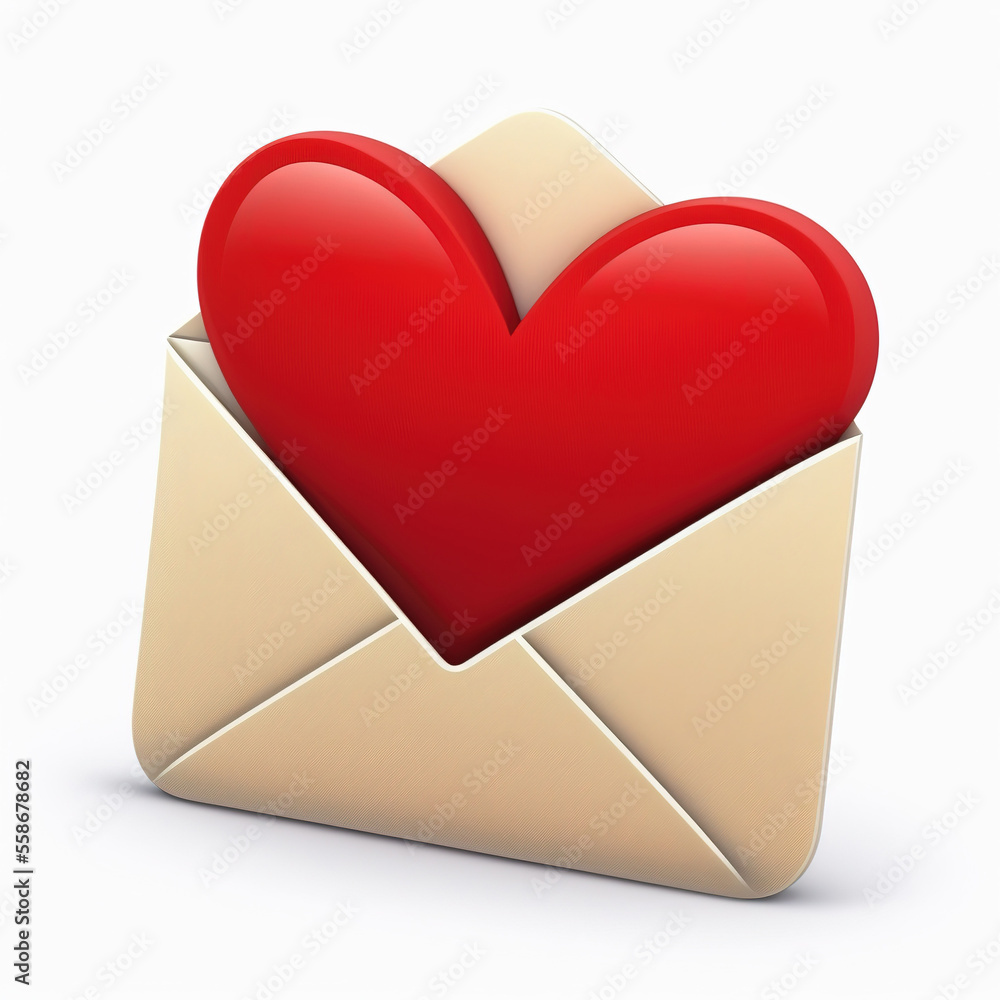 A red heart in the letter envelope on white background, love letter icon symbol. Generative Ai image. A red heart in the letter envelope on white background, love letter icon symbol. Generative Ai image.