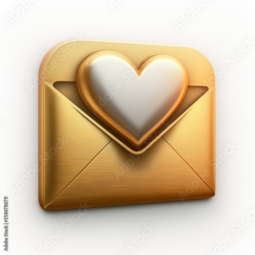 A white heart icon in the reflected gold letter envelope on white background, love letter icon symbol for valentine day. Generative Ai image.