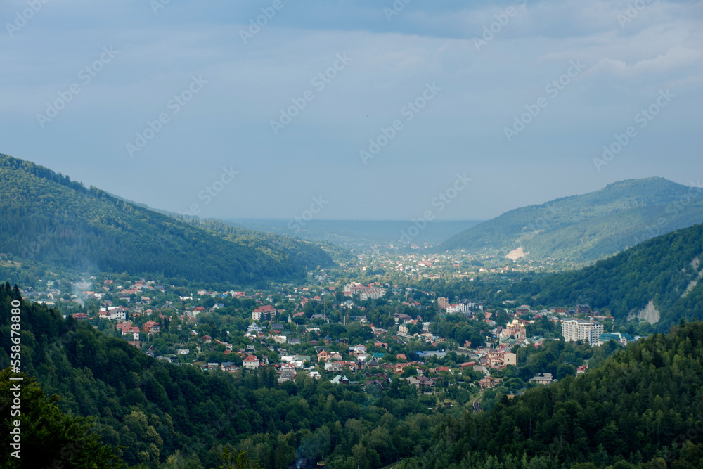 A small village among the mountains in the Carpathians. Mountain landscape