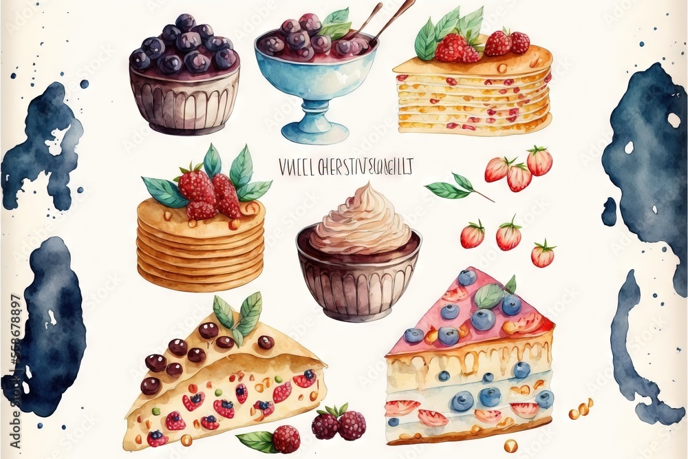 a watercolor painting of different desserts and pastries on a white ...