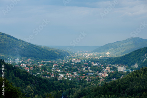 A small village among the mountains in the Carpathians. Mountain landscape
