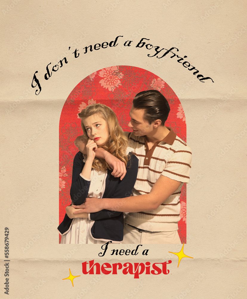 Fototapeta premium Vintage poster with young stylish couple in vintage style fashion clothes hugging isolated over light background. 60s, 70s american culture concept