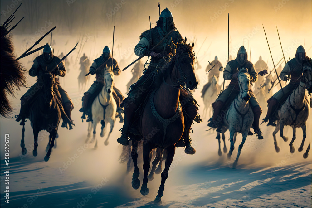 Mongol cavalry led by Genghis Khan. Ancient army of armed horseback