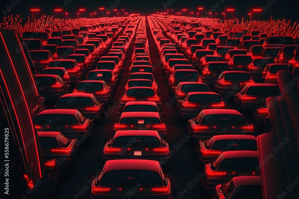Obraz premium a large parking lot filled with lots of red and black cars in the middle of the night with red lights shining on the cars in the middle of the rows of the rows of the rows.