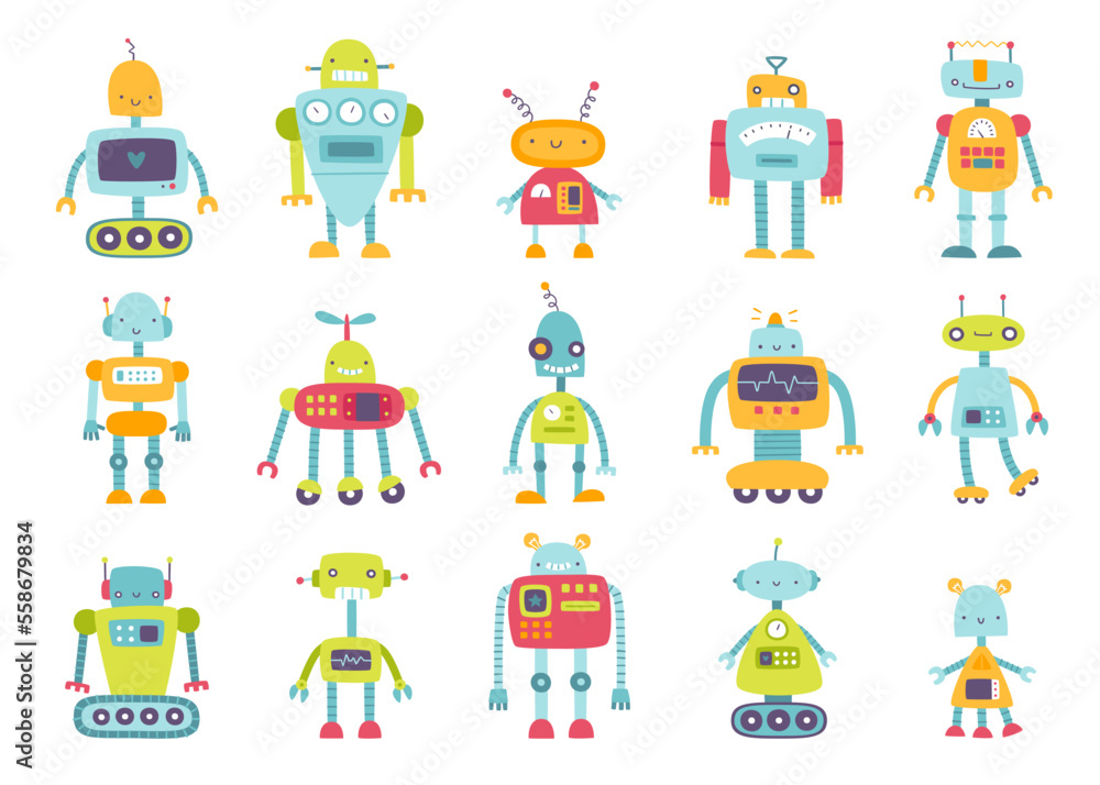 Fototapeta premium Set of cute funny robots for kids. Collection of cartoon vector childish robots. Naive colorful robots bundle.