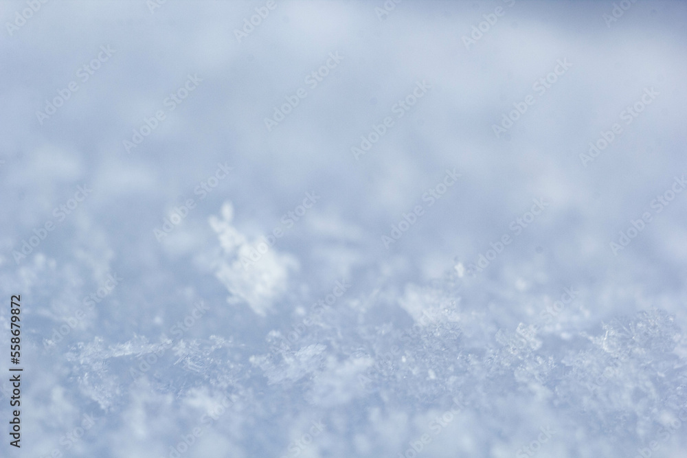 Obraz premium natural snowflakes on snow, photo of real snowflakes. Winter snow background. Snowflake close-up. Macro photo. Copy space.