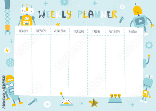 Timetable with cute robots. Funny weekly planner. Scandinavian vector design of timetable for baby boys.