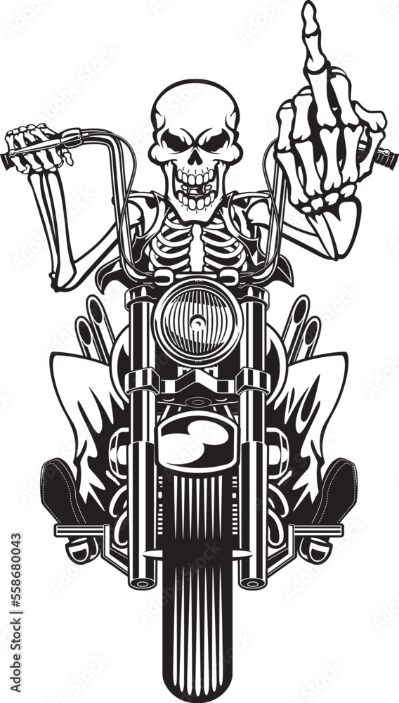 human skeleton driving a chopper motorcycle and showing middle finger