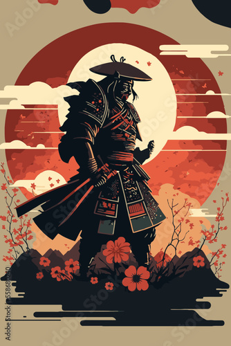 Silhouette of Japanese samurai warrior with sword standing on sunset art print