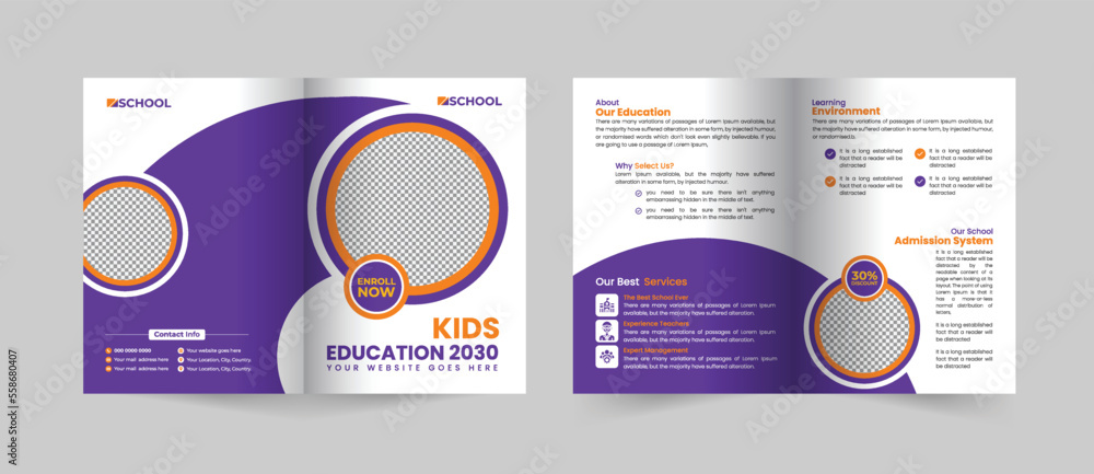 Creative and Modern School admission bifold brochure template, Bifold Brochure School education flyer vector layout.