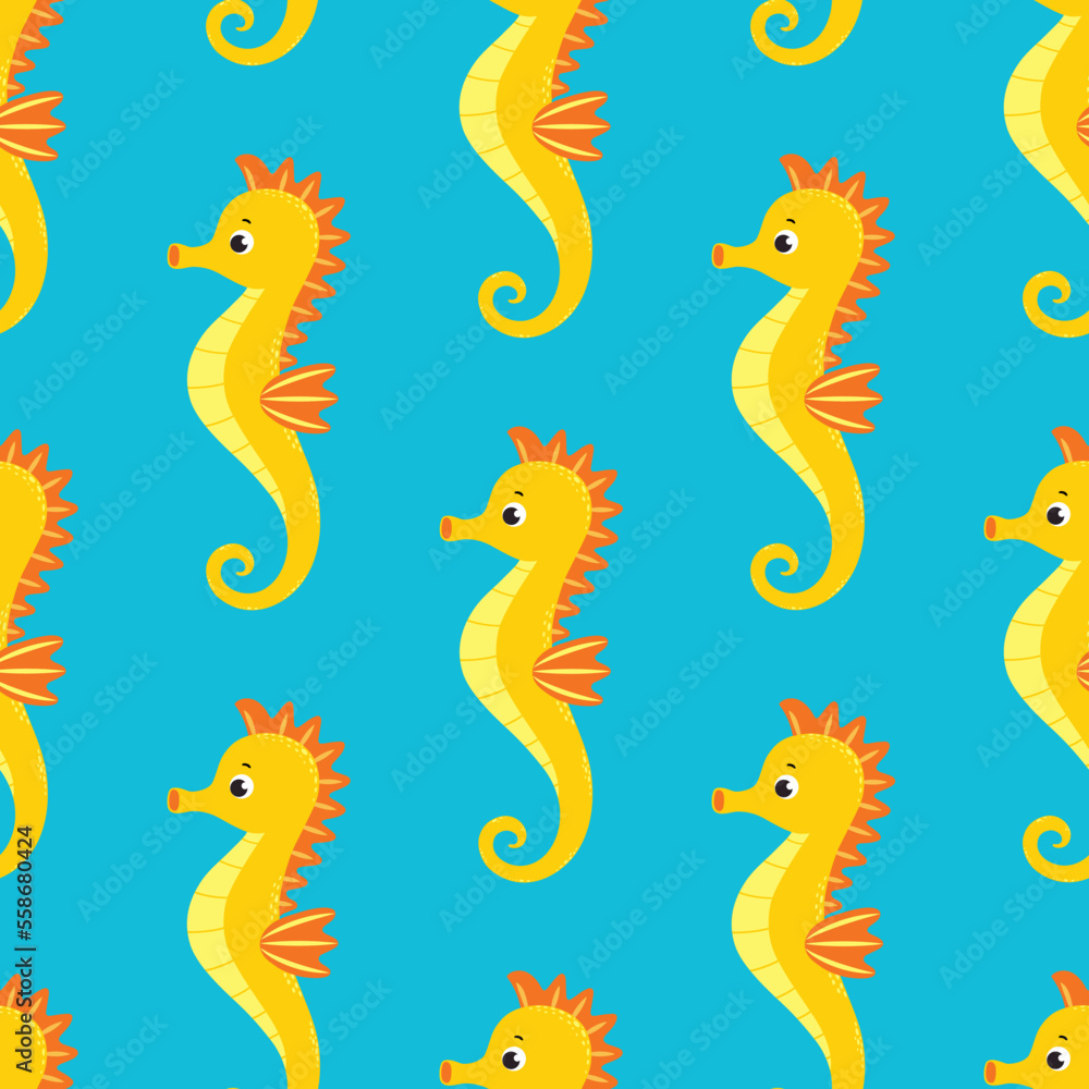 Obraz premium Seamless pattern with cute cartoon seahorses. Endless blue background with inhabitants of the underwater world.
