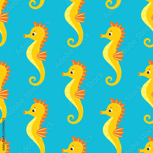 Seamless pattern with cute cartoon seahorses. Endless blue background with inhabitants of the underwater world.