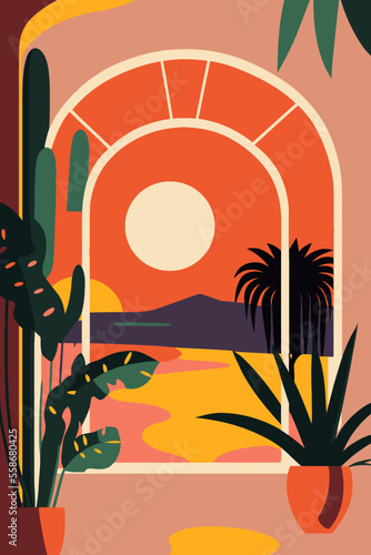 Colorful sunset on the ocean background in flat color vector flat color